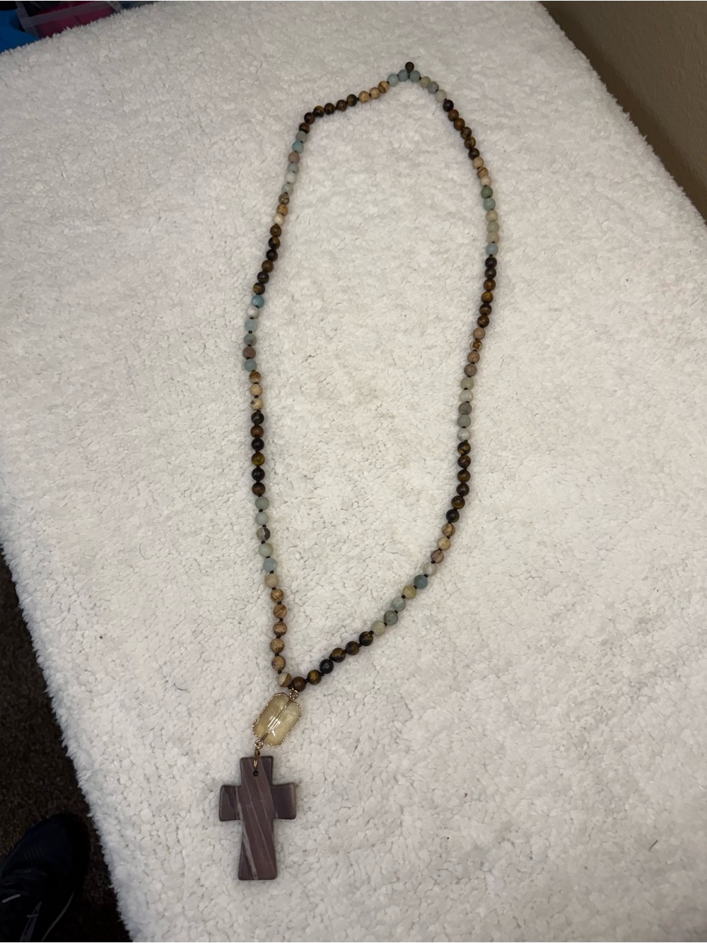 Natural Beaded Cross Necklace in Brown and Cream